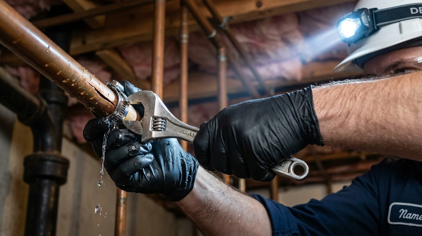Emergency pipe clamp repair being performed by a Johns Plumbing LLC plumber in Frankfort