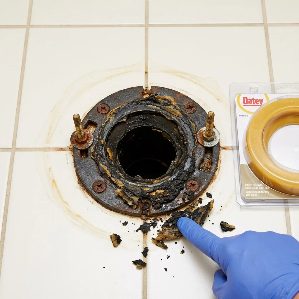 Failed wax ring showing water seepage at the base of a toilet in a Frankfort, ME home