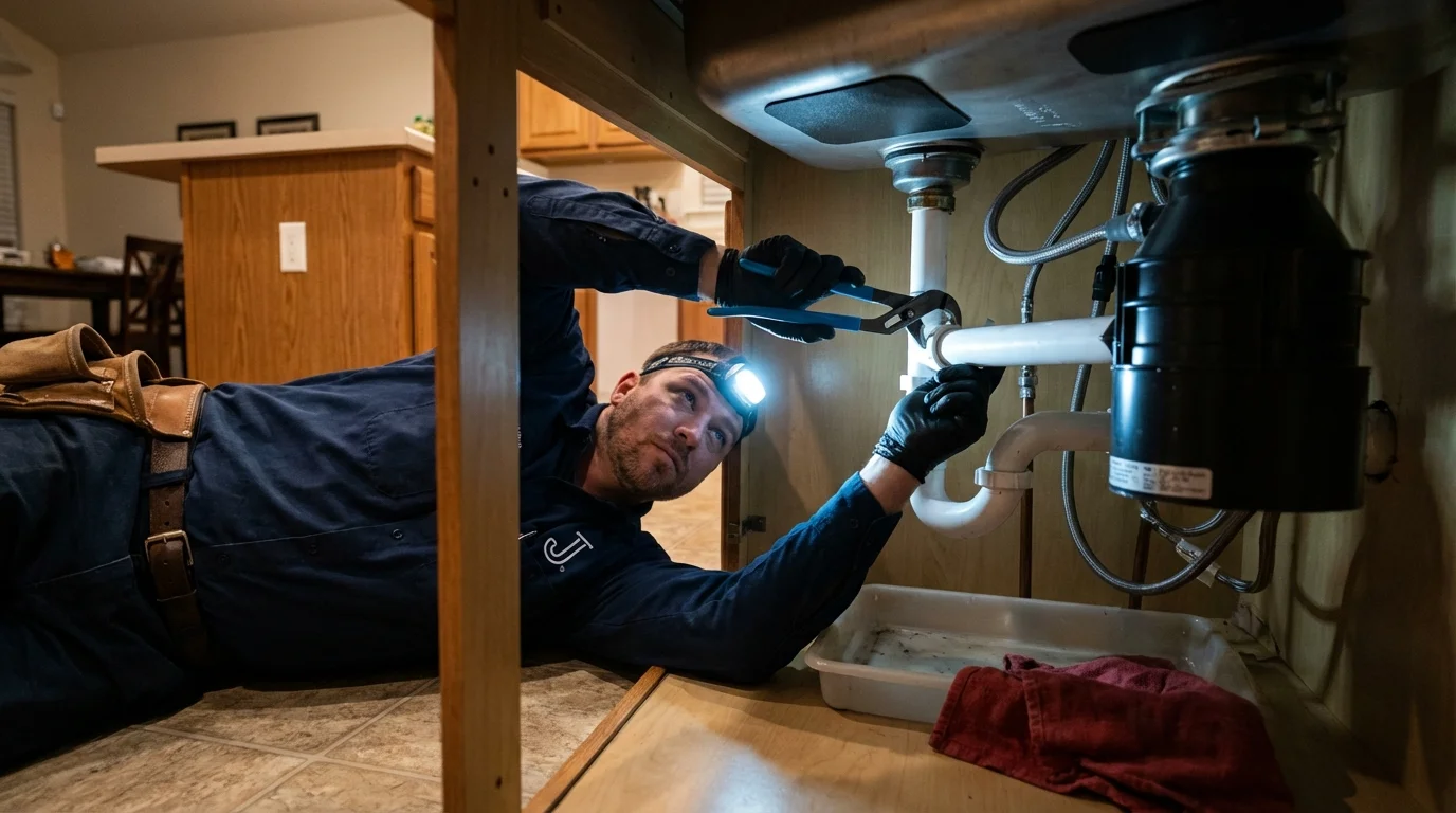 P-trap and supply line connections under a kitchen sink showing a common leak point in Frankfort, ME